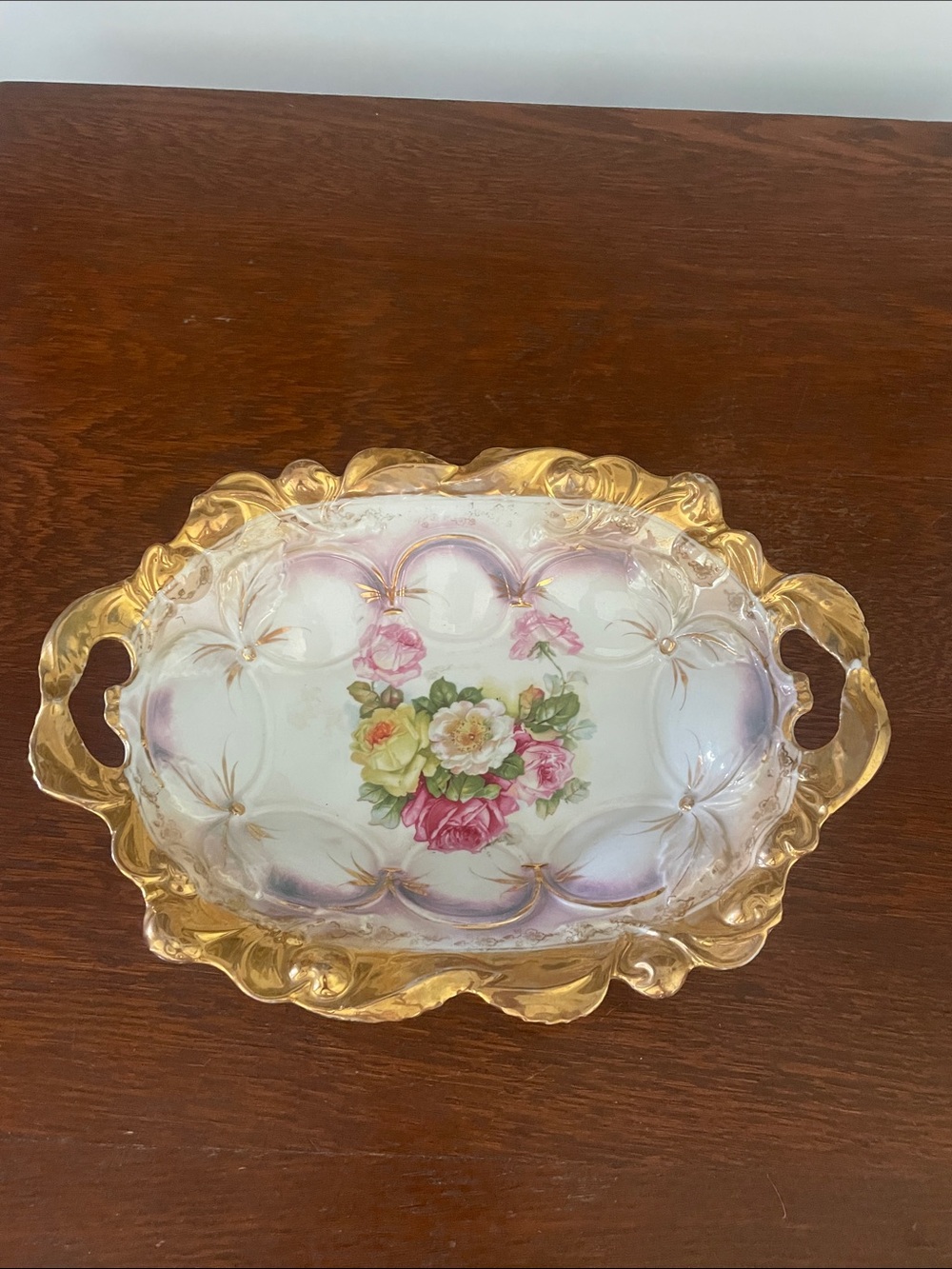 Hand-Painted Floral Porcelain Serving Tray with Gold Trim German antique